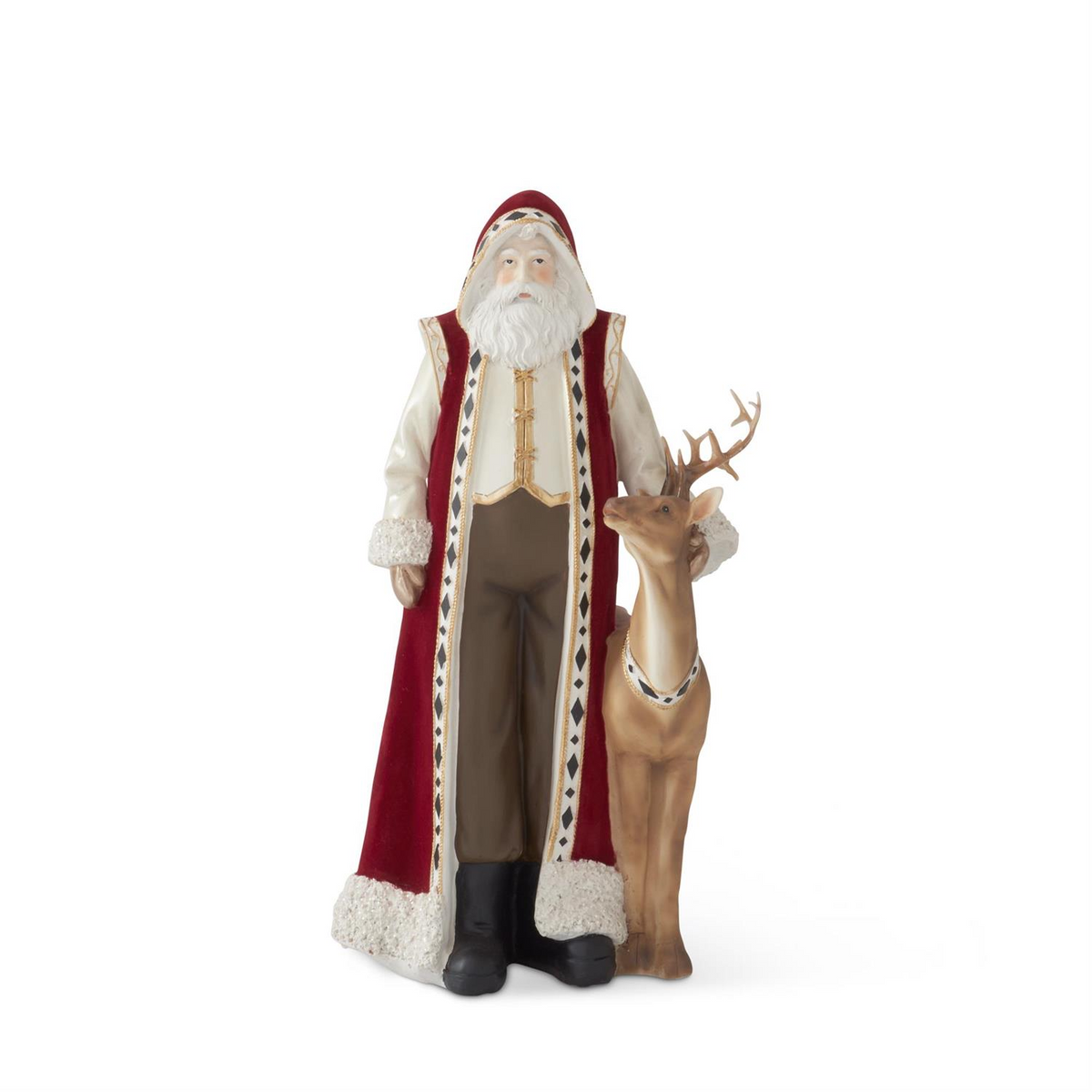 15-inch Santa figurine in a burgundy cape standing next to a brown deer.