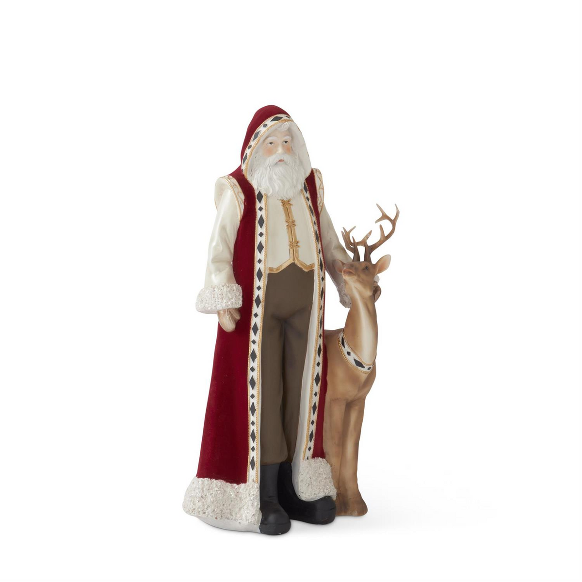 15-inch Santa figurine in a burgundy hooded cape standing next to a brown deer.