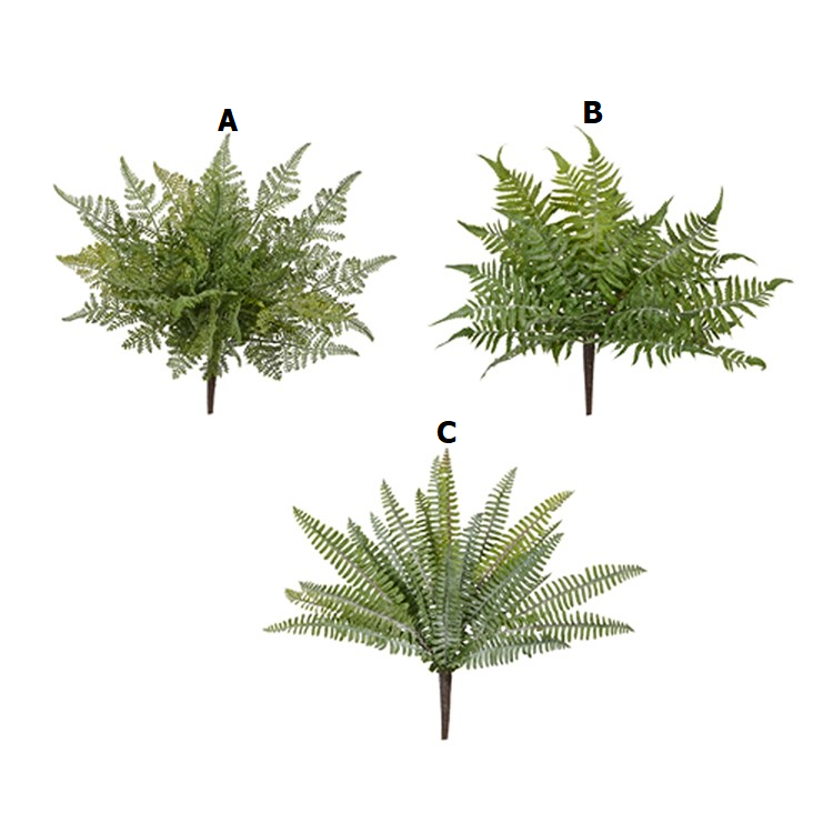 Plastic fern bush decoration measuring 16 inches in length with a natural green leaf pattern.