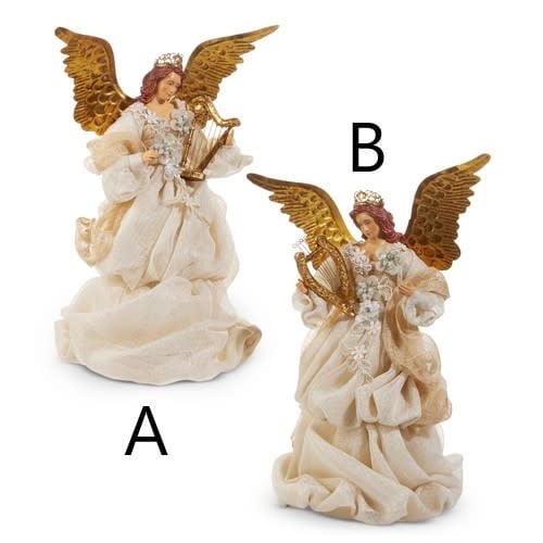Golden ivory angel tree topper with flowing robes, floral accents, gold wings, and jeweled crown.