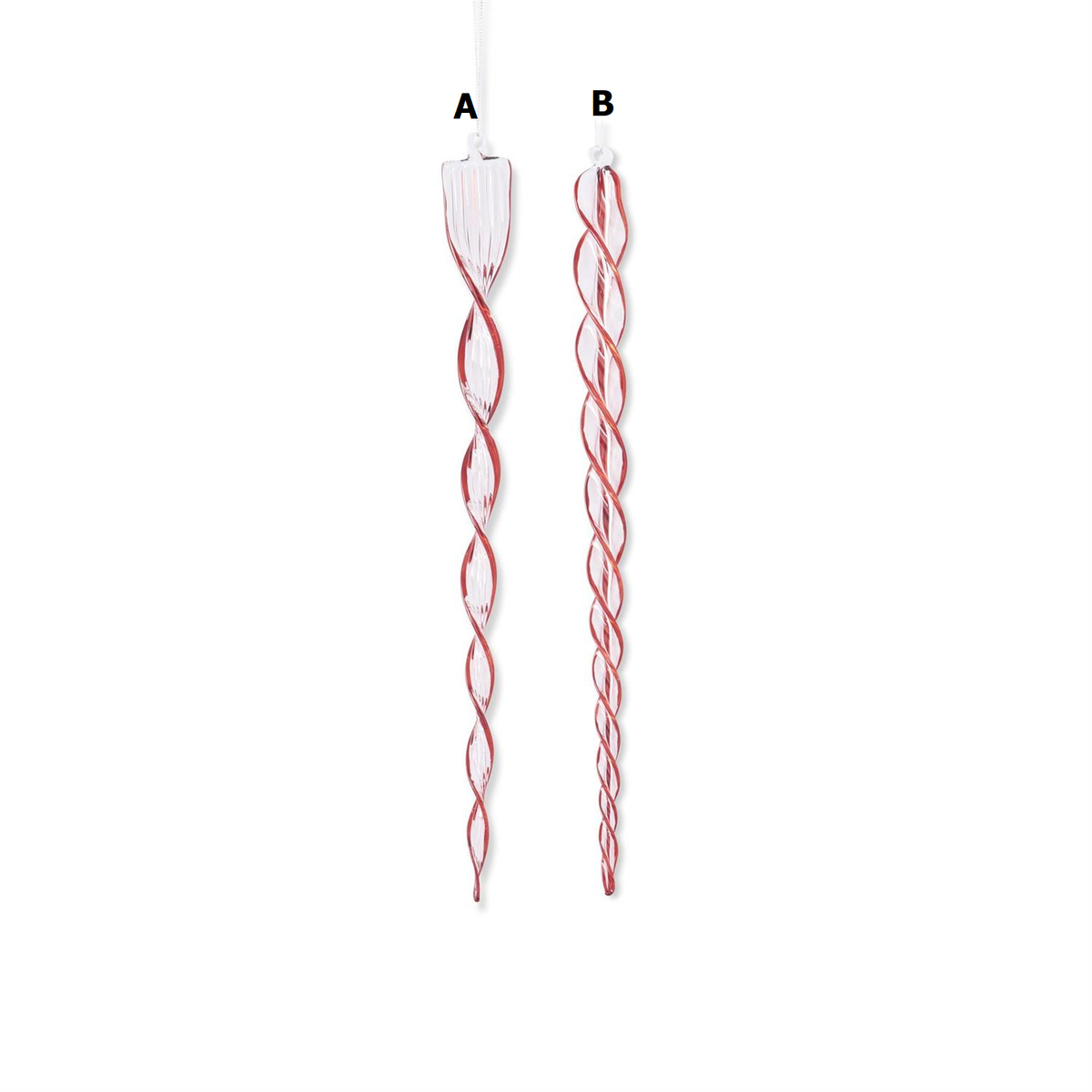 Sixteen-inch red and clear glass flat spiral icicle ornament with twisted silhouette
