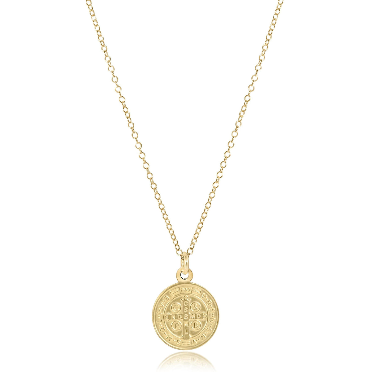 Gold-filled 16-inch chain necklace with a 12mm Saint Benedict blessing disc pendant