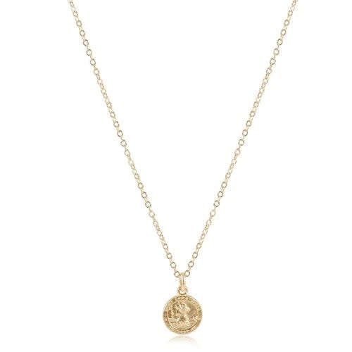 Gold-filled necklace with a small Saint Christopher protection disc charm on a 16-inch chain.