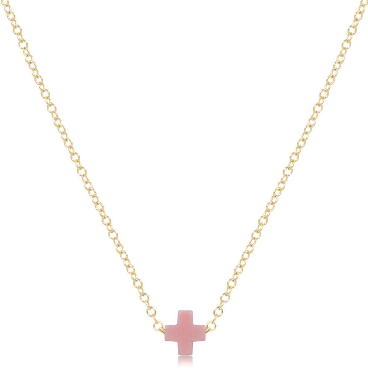 Gold-filled 16-inch necklace featuring a small signature cross pendant on a chain.