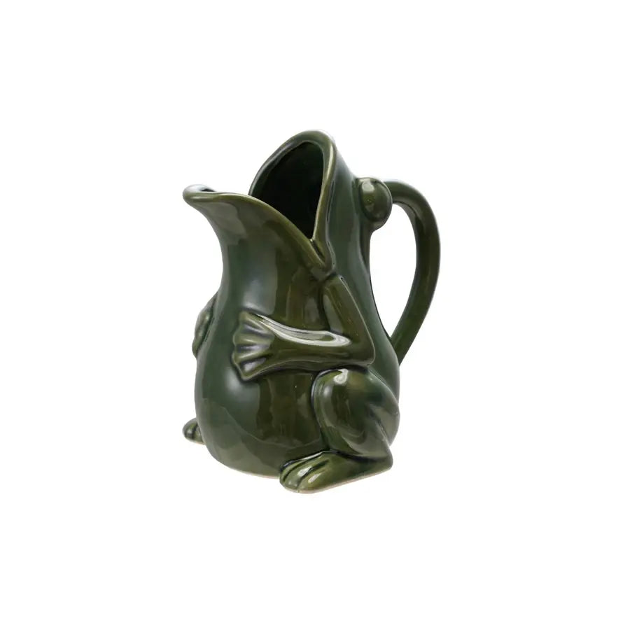 Stoneware frog pitcher with reactive glaze in earthy tones