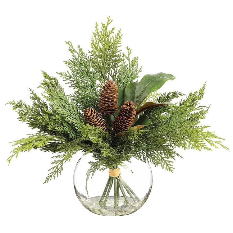 Sixteen-inch glass vase holding green pine cones, brown magnolia leaves, and realistic pine branches.