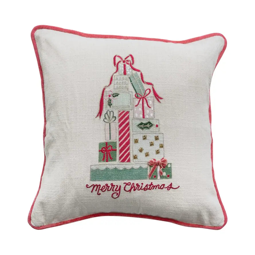 Square cotton slub pillow with textured fabric featuring a Merry Christmas print in festive colors.