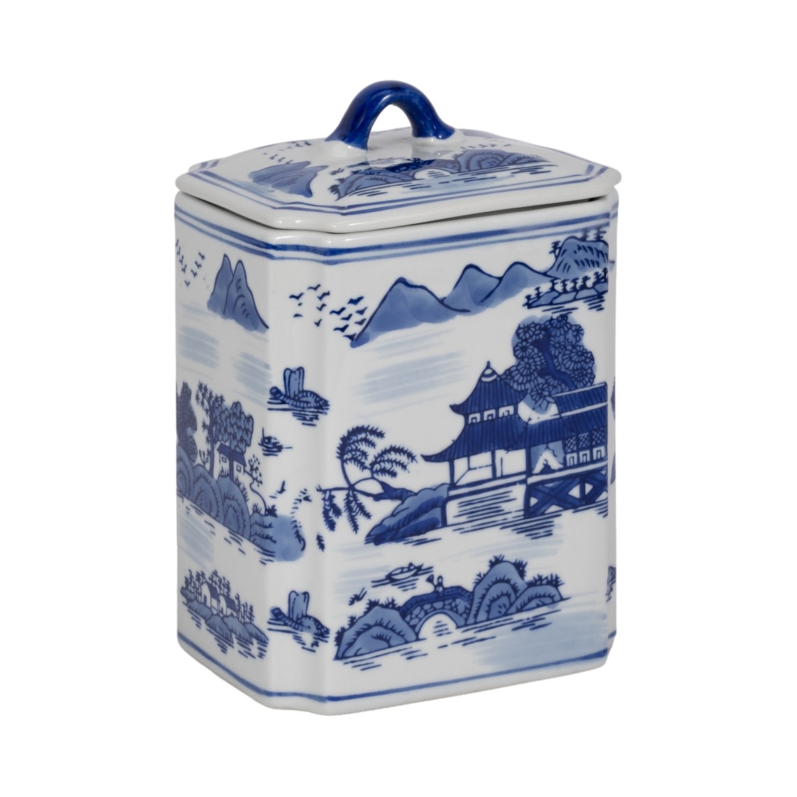 8-inch blue and white ceramic rectangular lidded jar with traditional landscape illustrations.