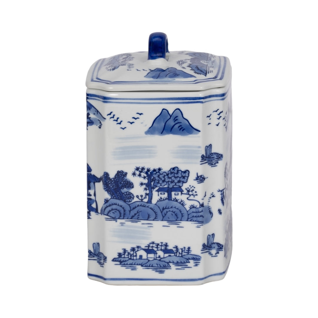 8 in. Blue Ceramic Rectangular Lidded Decorative Jar