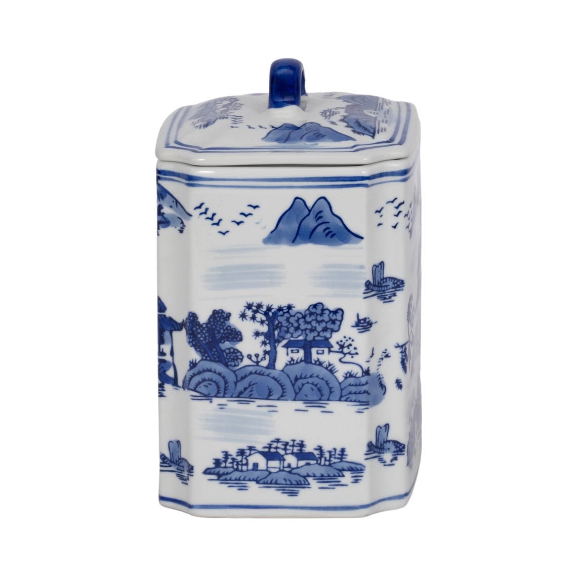 8-inch blue and white ceramic rectangular lidded jar with a traditional landscape scene.