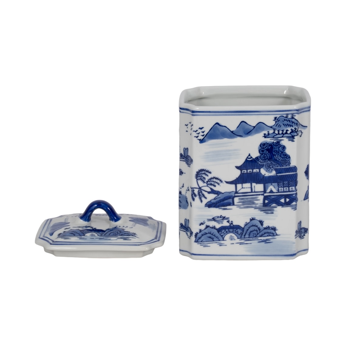 8-inch rectangular blue and white ceramic decorative jar with landscape scene and separate lid.