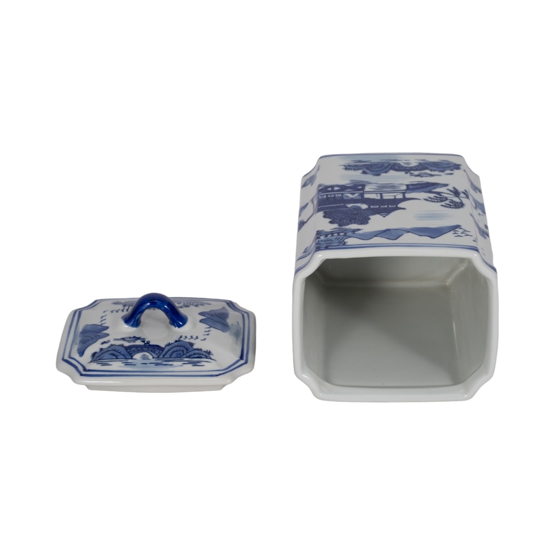 8 inch blue and white ceramic rectangular decorative jar with lid featuring a landscape pattern.