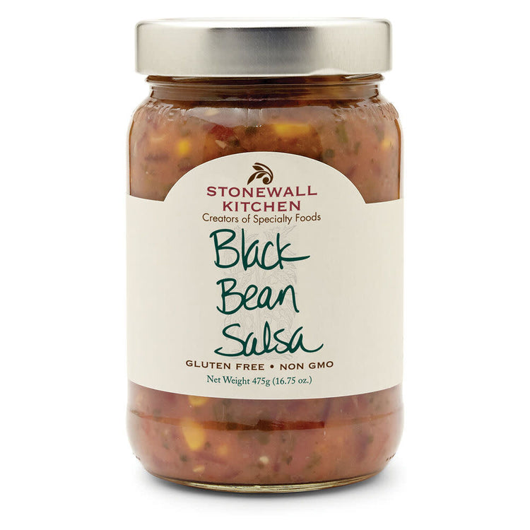 Jar of black bean salsa with tomatoes, corn, jalapenos, cilantro, and lime.