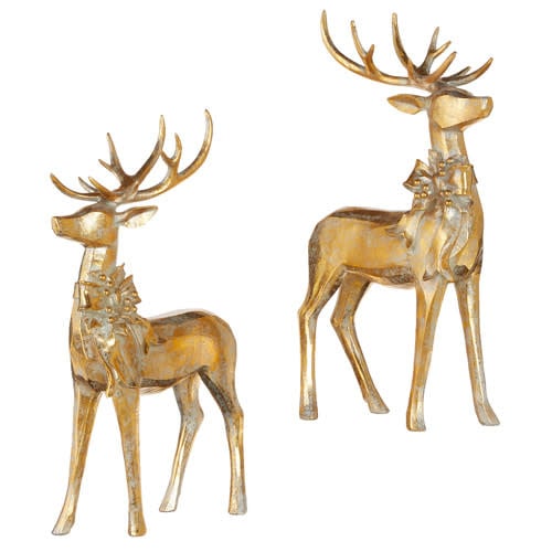 Aged gold resin deer figurine with a bow on its back