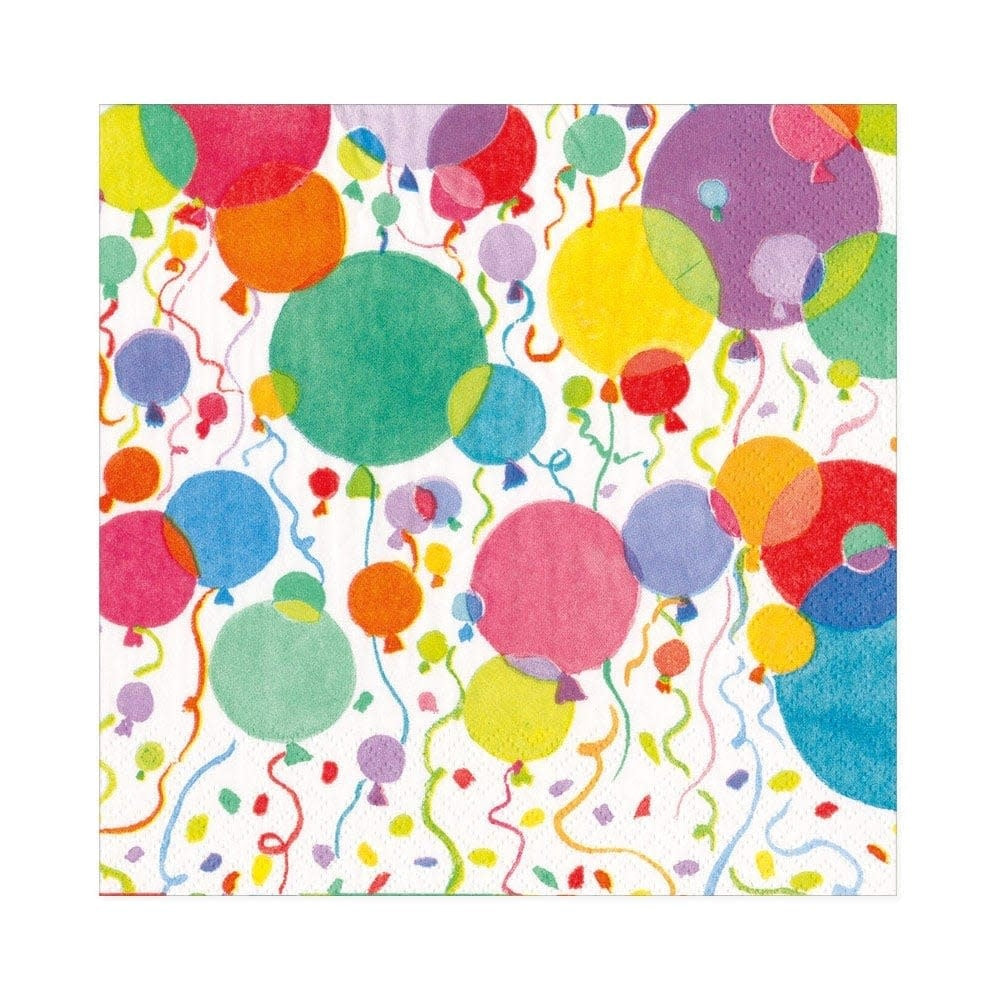 White triple-ply luncheon napkin with a colorful balloons and confetti pattern.