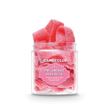 Packaging for Sour Belts Candies featuring tart cherry-flavored ribbons in a square box.