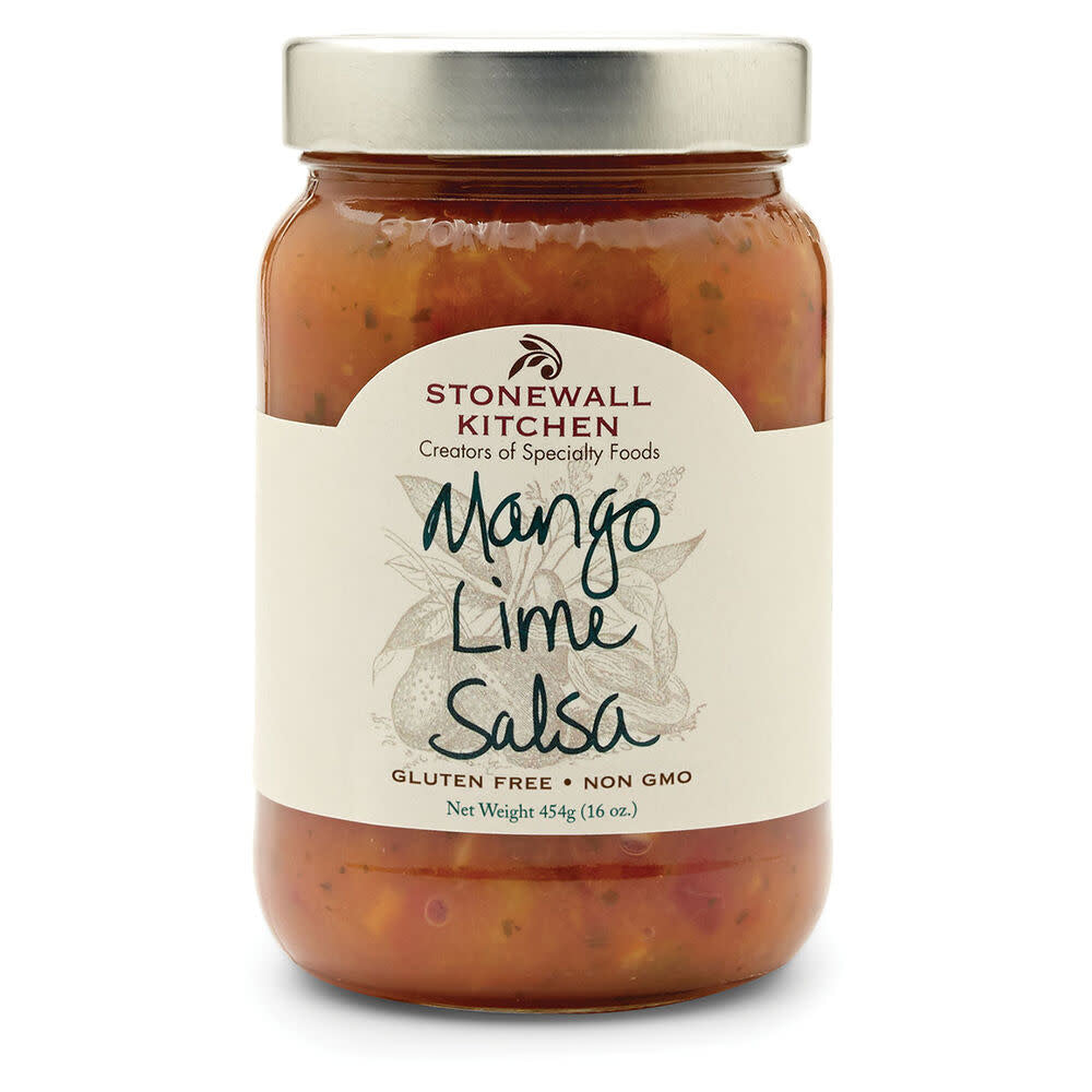 Jar of mango lime salsa with visible fruit pieces in a zesty yellow-green sauce.