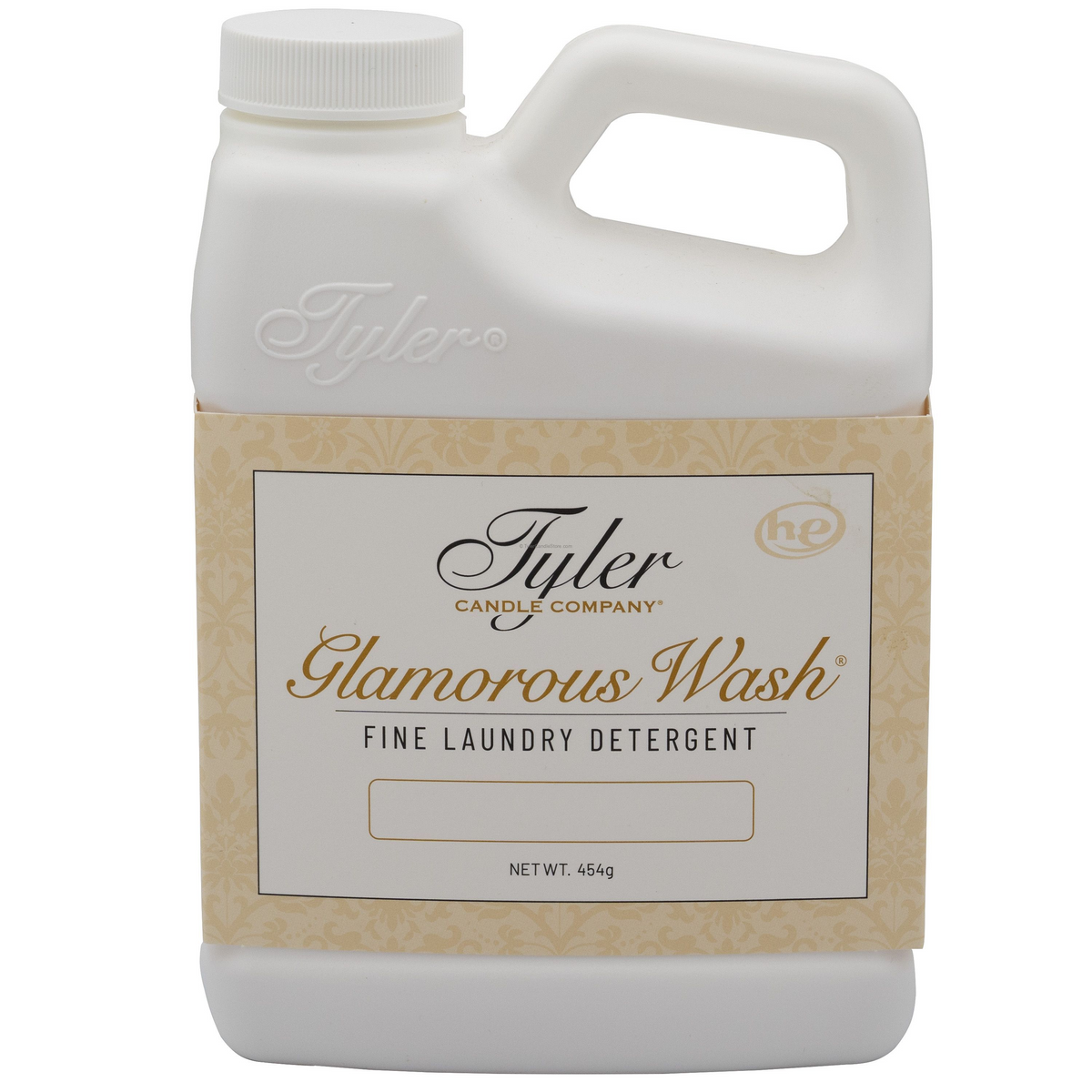 16oz white bottle of Tyler Candle Company Glamorous Wash fine laundry detergent for HE machines.