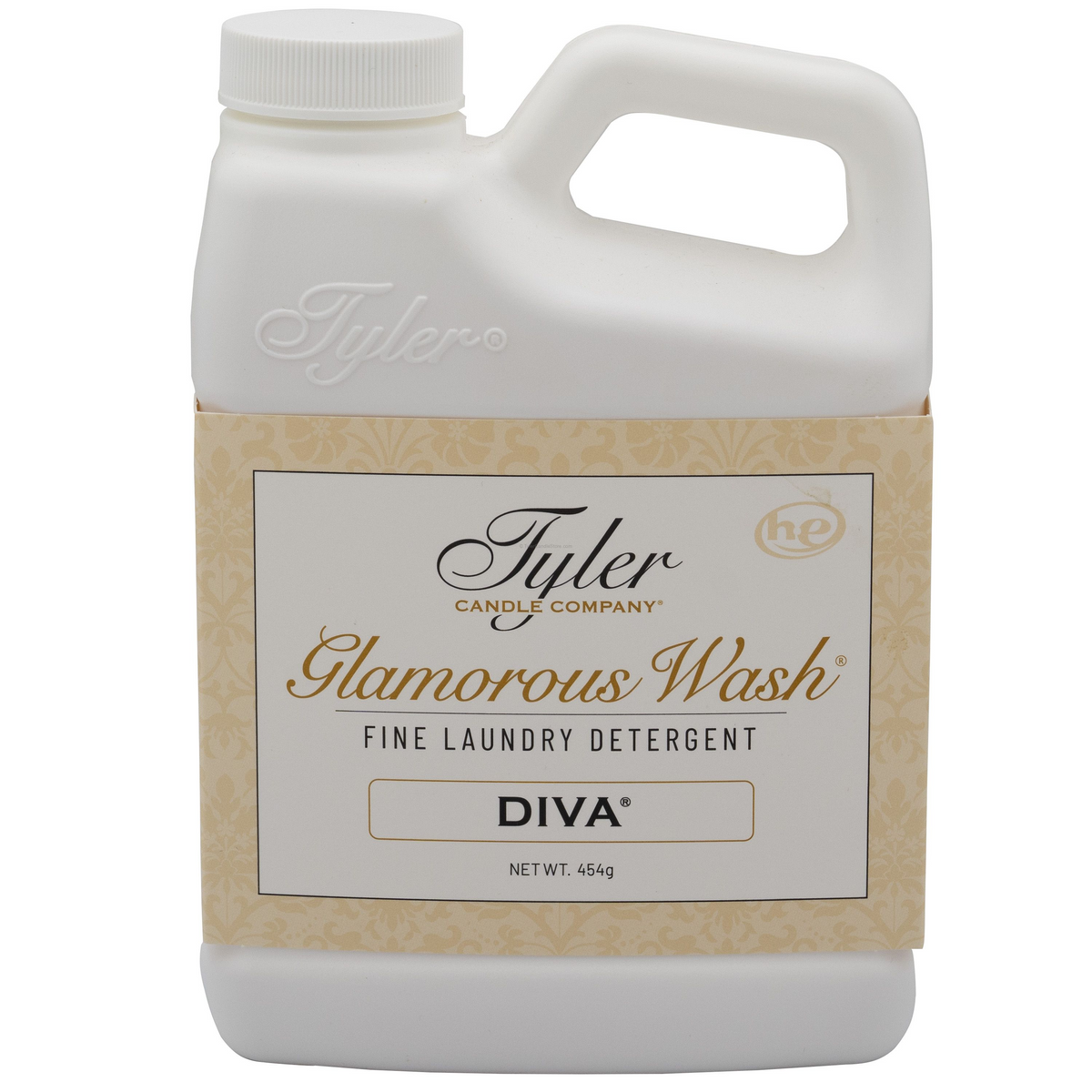 16oz Tyler Candle Company Glamorous Wash Diva fine laundry detergent in a white plastic jug.