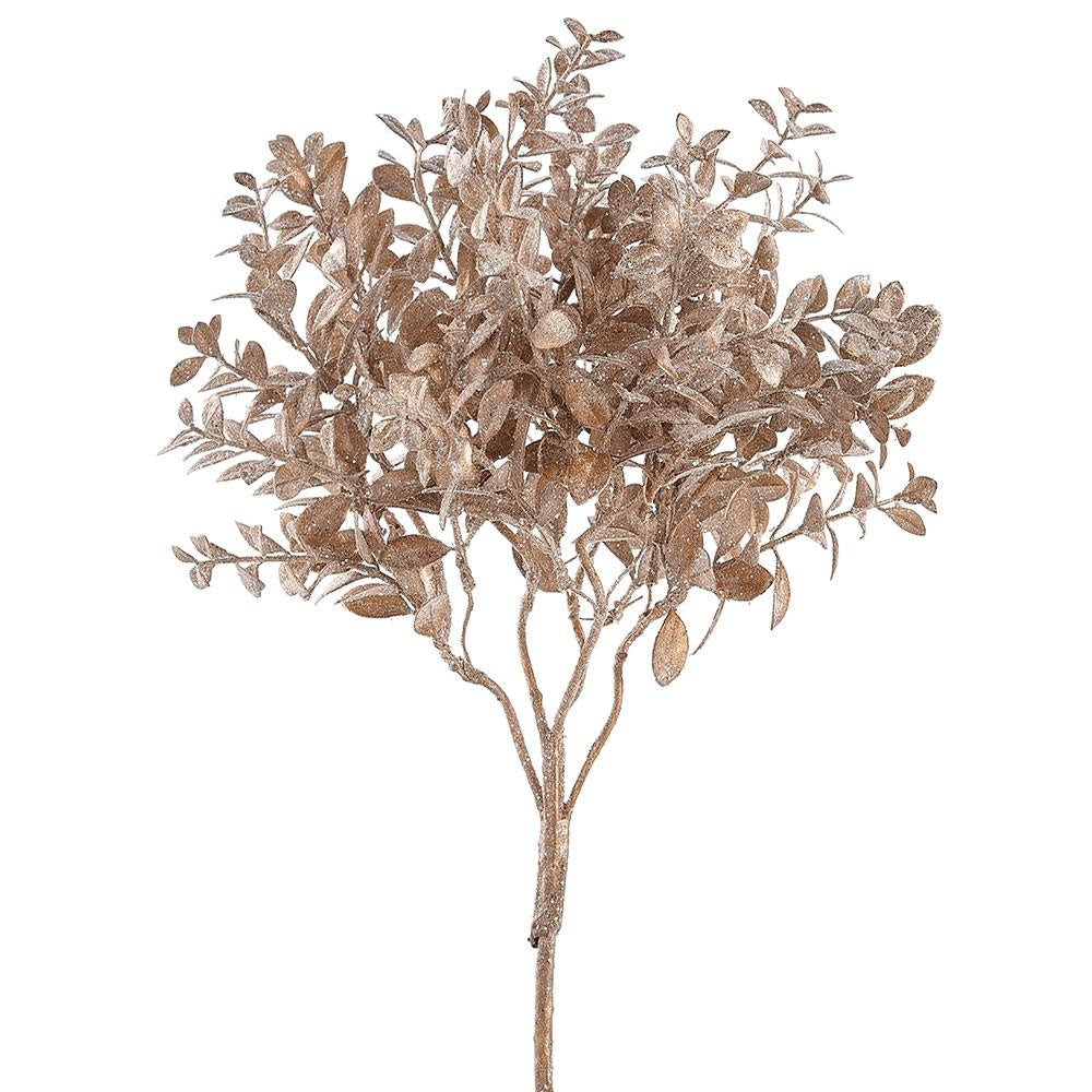 Champagne-colored glittered mini boxwood leaf spray with shimmering foliage on plastic and wire stems.