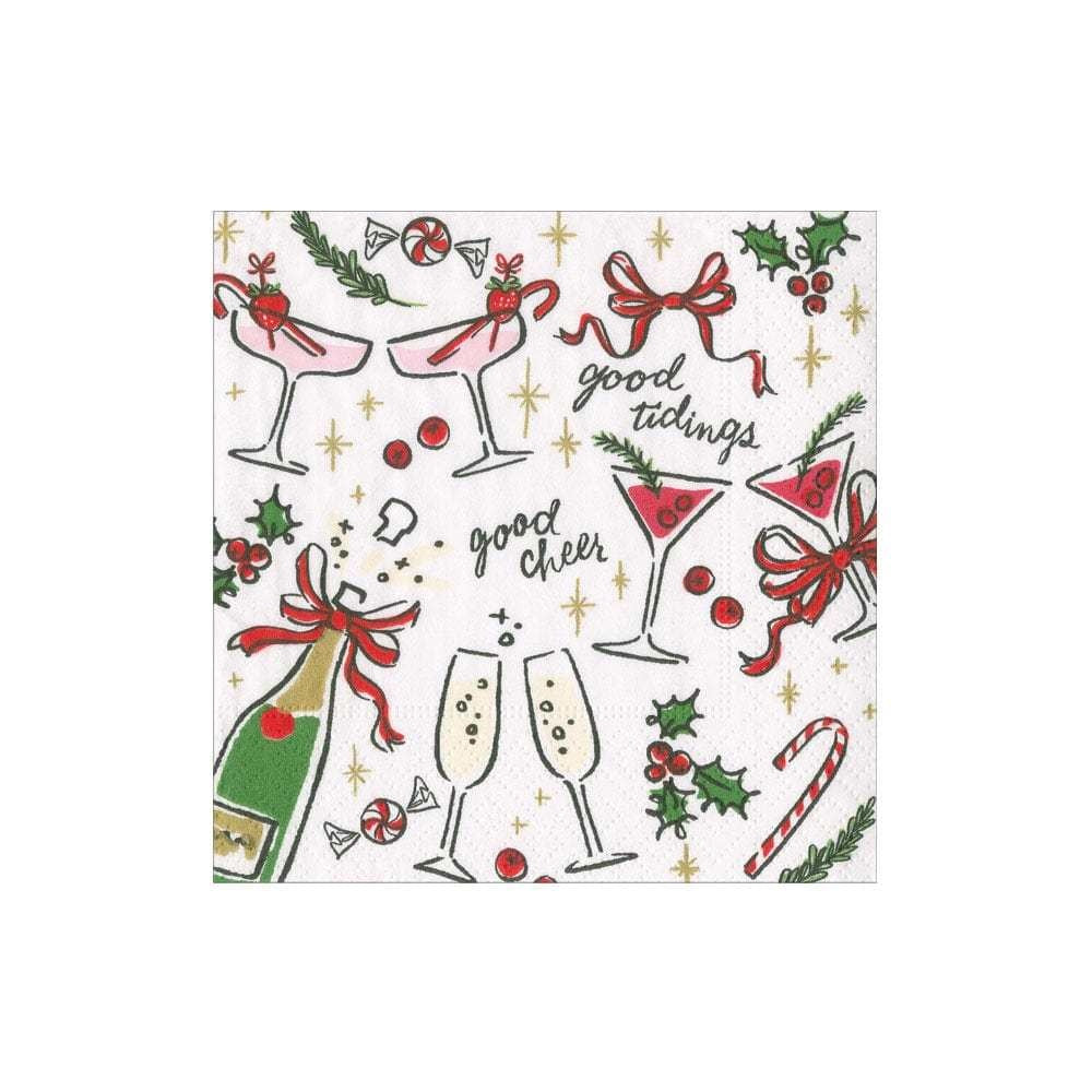 Caspari triple-ply cocktail napkin featuring a festive 'Let's Be Merry' holiday pattern with red and green accents.