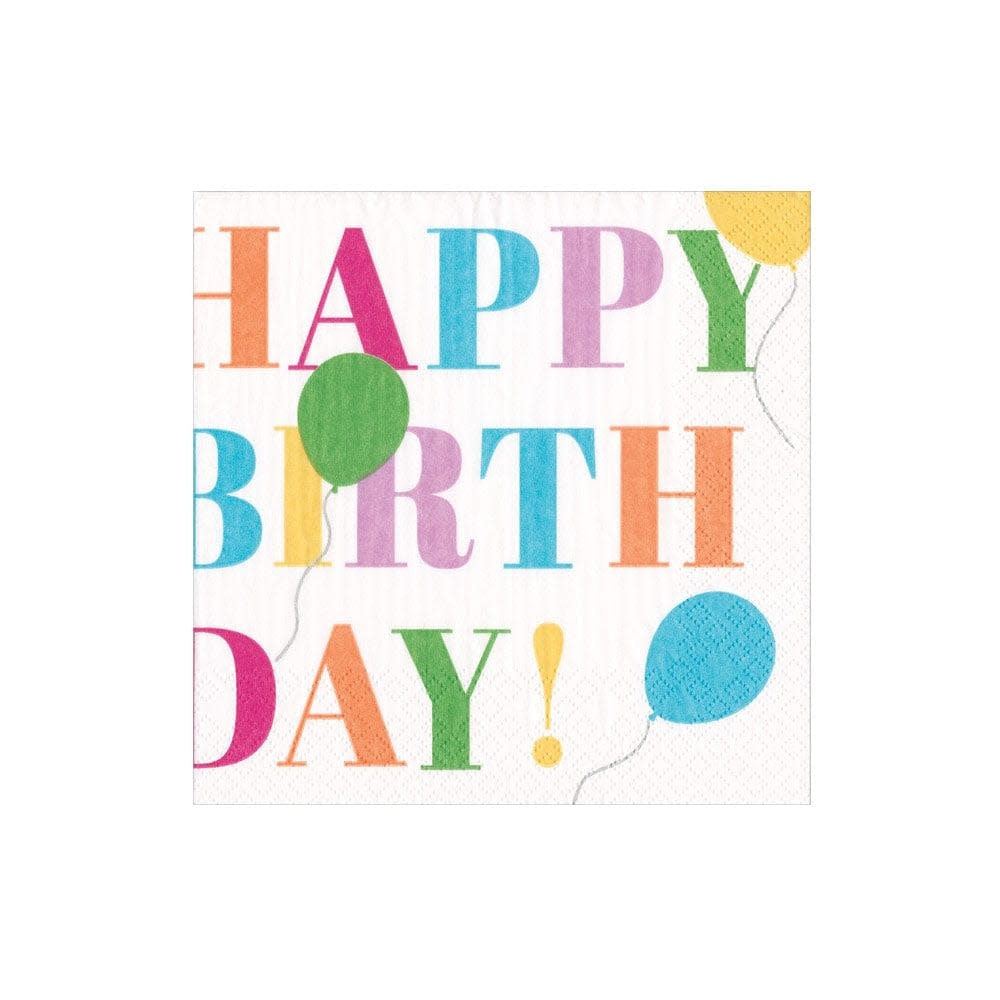 White triple-ply cocktail napkins with a colorful birthday surprise pattern printed in Germany.