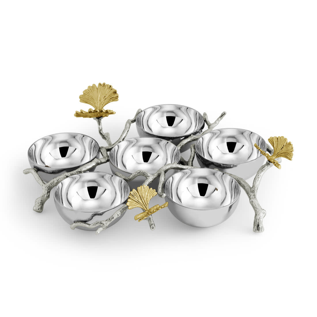 Butterfly Ginkgo Luxe Seder plate featuring a butterfly silhouette with ginkgo leaf patterns in gold and black.