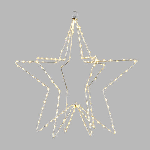 Outdoor lighted star decoration with silver frame, copper accents, iron base, warm white LED lights in steady and twinkle modes.