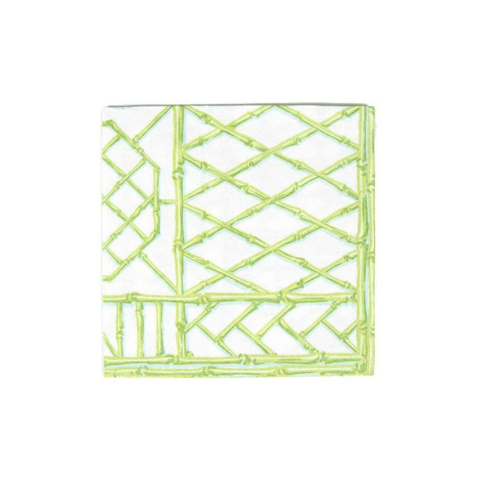 Packaged bamboo screen luncheon napkins in moss green with a paper linen texture.