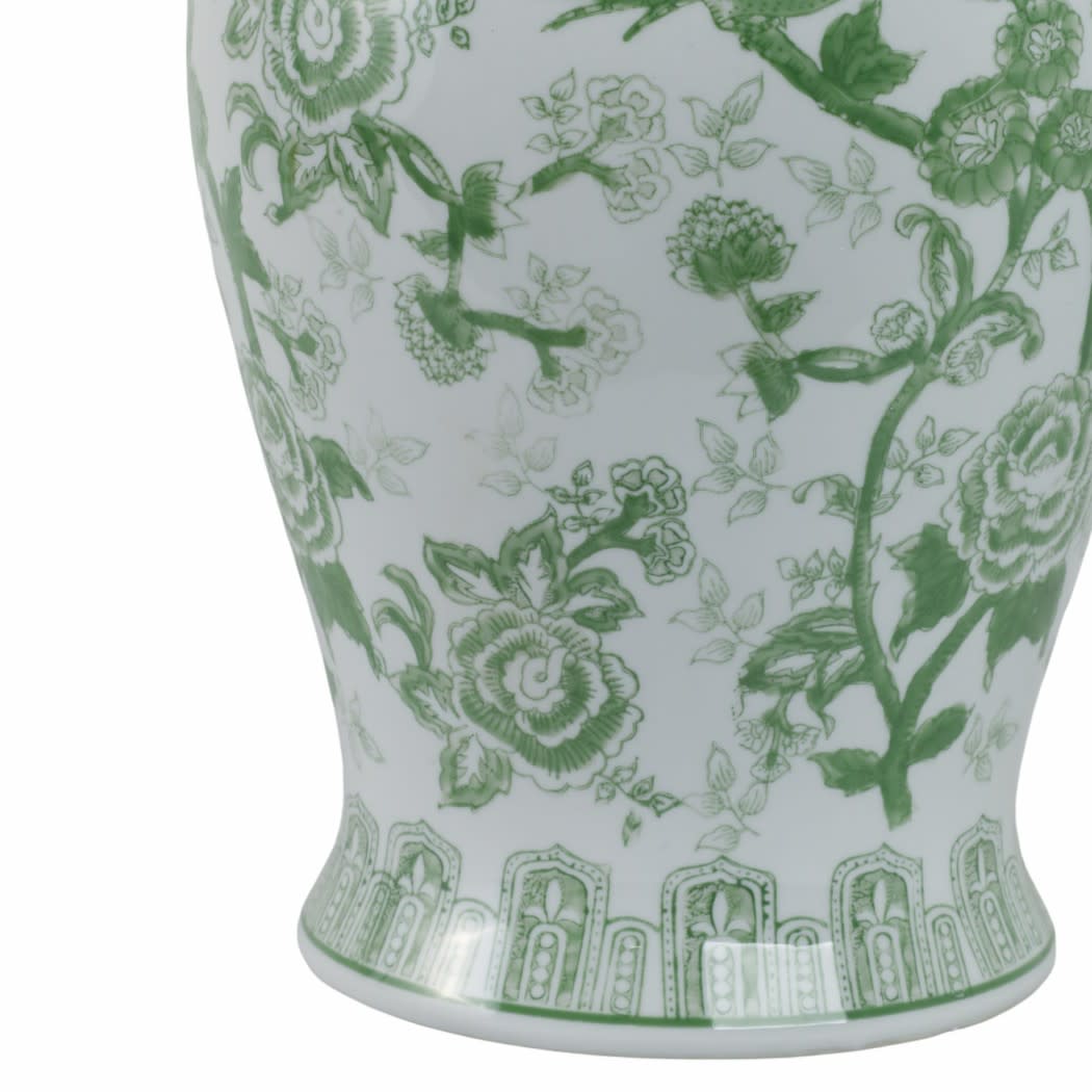Ceramic Bird Flower Decorative Temple Jar - Green, 18 in.
