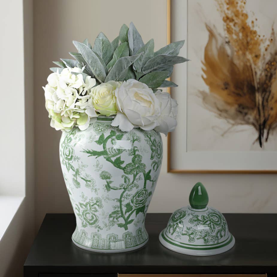 Ceramic Bird Flower Decorative Temple Jar - Green, 18 in.