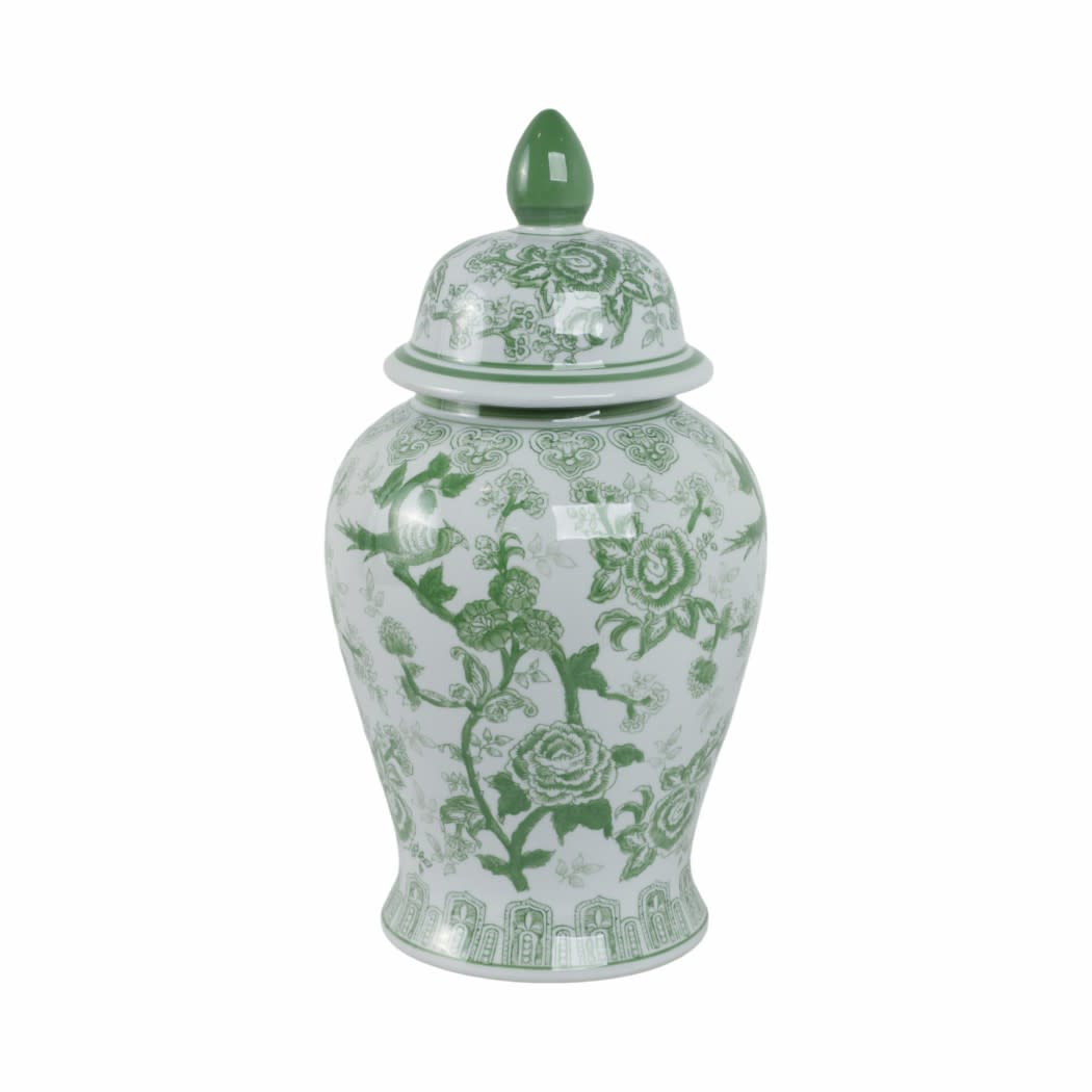 18-inch white ceramic temple jar with green bird and flower patterns and a matching lid.