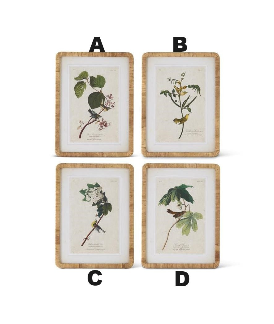 Vertical botanical print in a natural rattan frame featuring green leaf patterns on white paper.