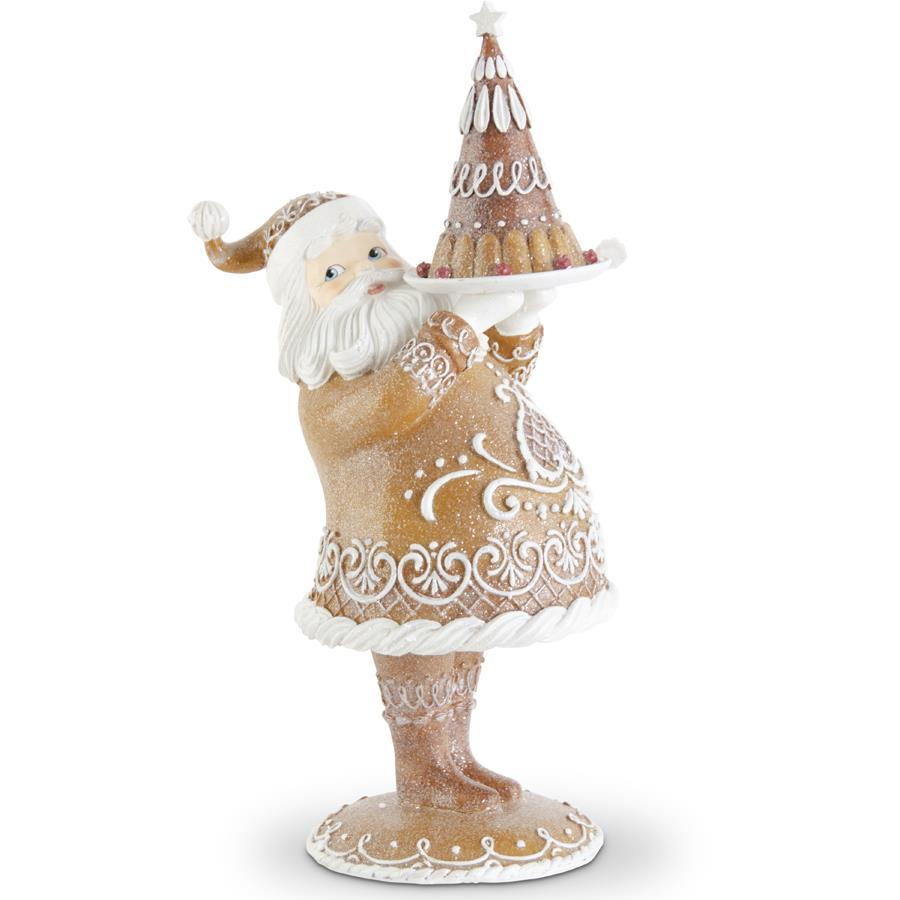 17-inch brown glittered gingerbread Santa figurine holding a tiered cake on a white platter.