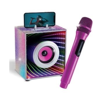 Black wireless karaoke microphone with built-in Bluetooth speaker and LED light ring