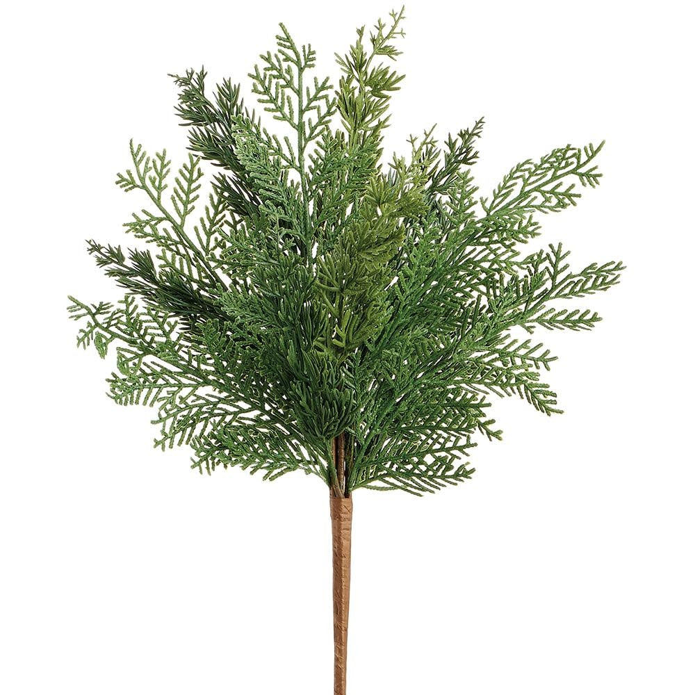 Artificial green mixed cypress bush with plastic foliage on an iron wire frame.