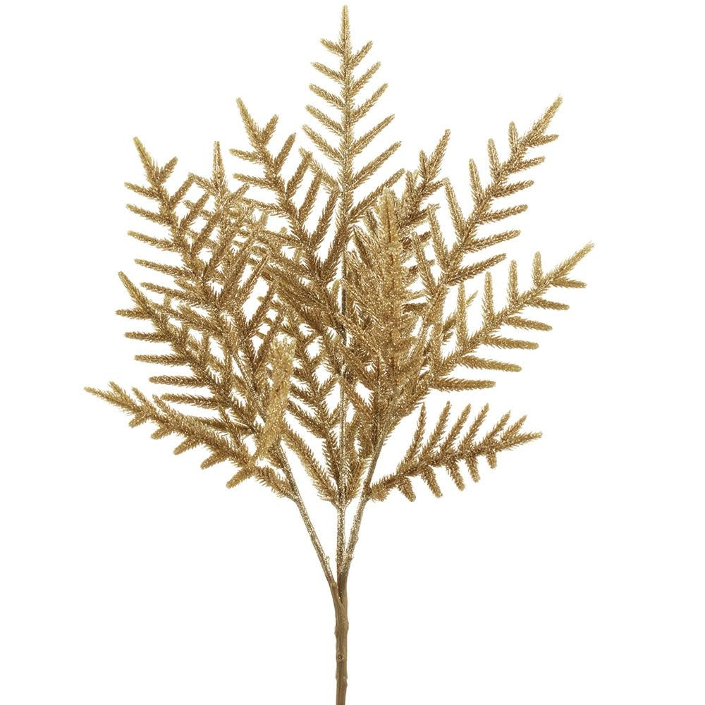 Gold glittered plastic pine bush with a festive conical shape.