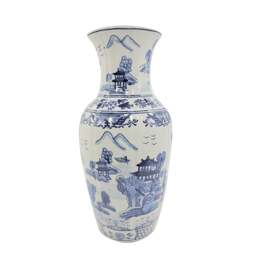 Tall blue and white chinoiserie ceramic table vase with floral pattern