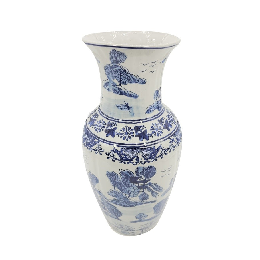 Tall blue and white ceramic table vase with Chinoiserie floral pattern