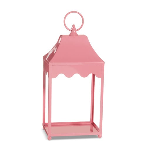 Pale pink scalloped iron lantern with decorative cutouts