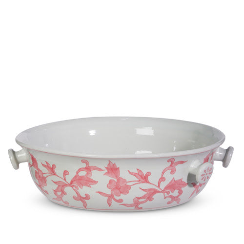 Pink clay bowl measuring 18 inches long with a wide rim.