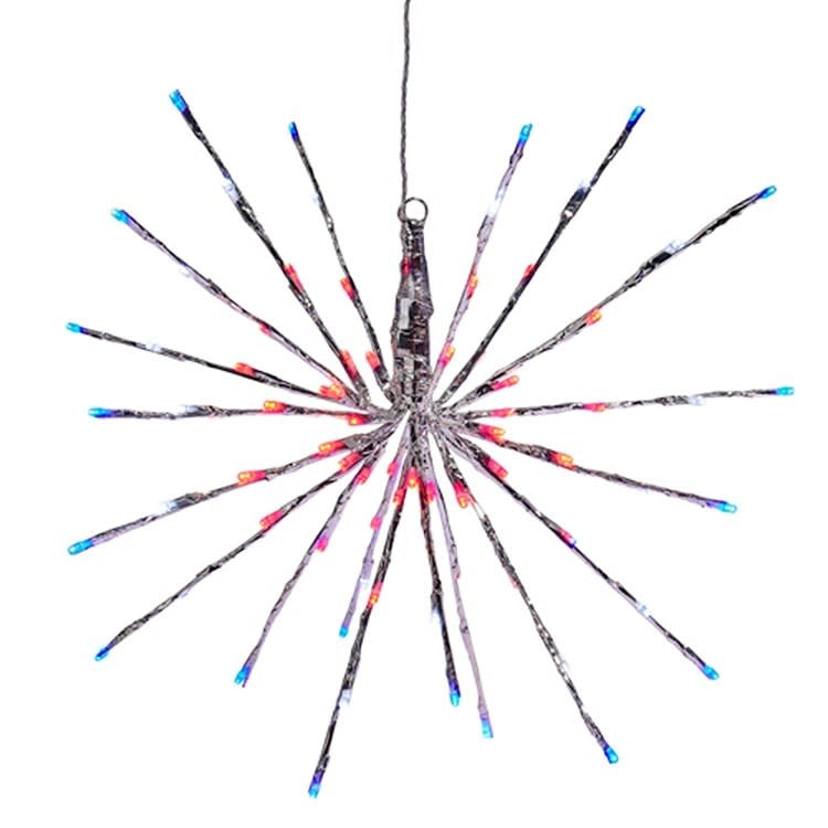 Silver iron starburst wall sconce with red, white, and blue LED lights