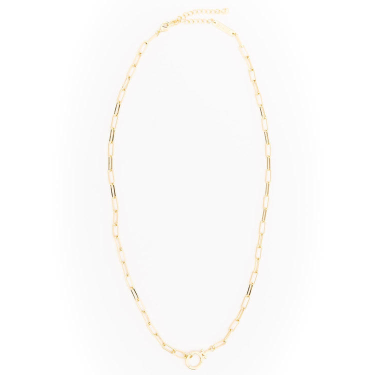 Thea Gold necklace featuring an 18-inch chain with a delicate gold finish and elegant pendant design.