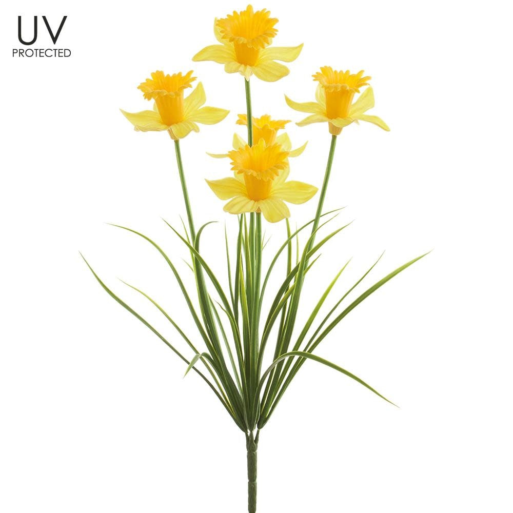 Yellow artificial daffodil bush with plastic petals on metal wire frame