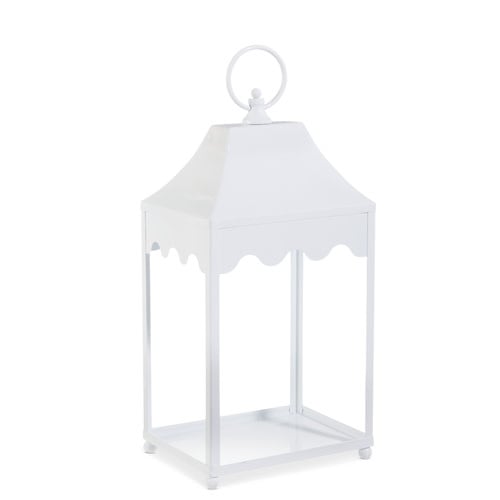 White iron lantern with decorative cutouts measuring eight inches wide by six deep.