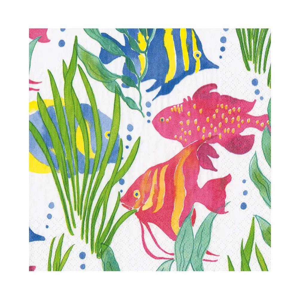 Wanda luncheon napkin featuring a colorful underwater pattern with tropical fish and seaweed.