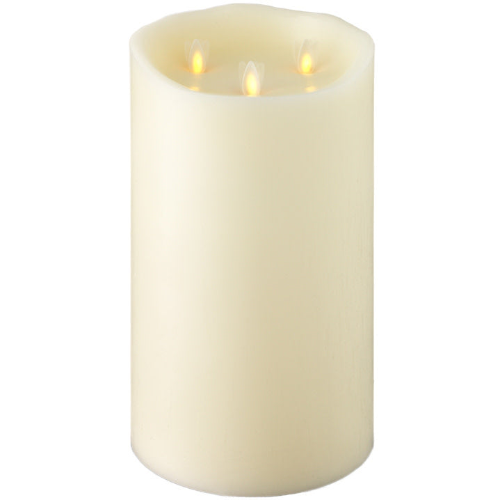 Ivory wax moving flame candle with three wicks measuring six inches wide by ten inches tall.