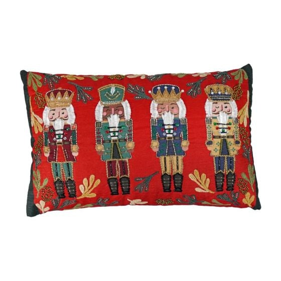 Red rectangular Nutcracker Pillow featuring four embroidered nutcrackers with beaded details.