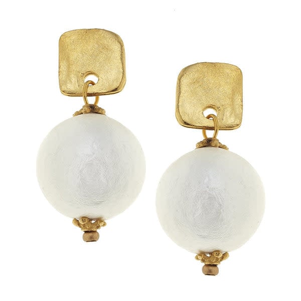 Square cotton pearl drop earrings in triple-plated gold with post backs