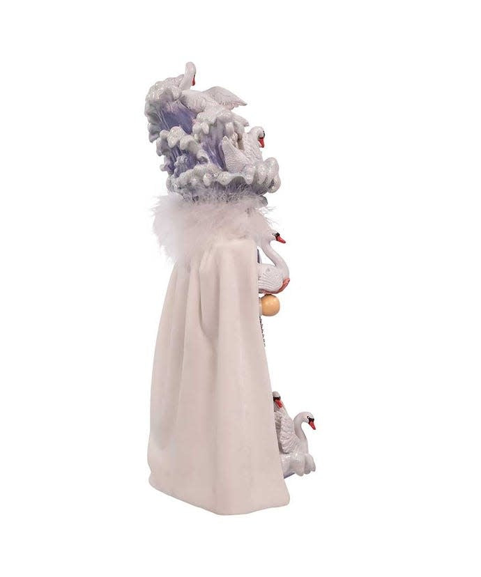 Wooden nutcracker depicting a figure holding a swan on a blue glittered base with two additional swans at his feet.